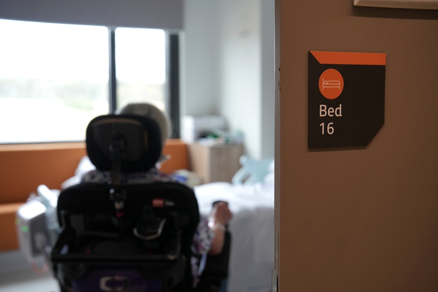 A woman with grey hair and glasses sitting in a wheelchair, seen from behind through a hospital door.