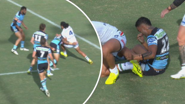 Adam Pompey is pinged for contact on Briton Nikora.