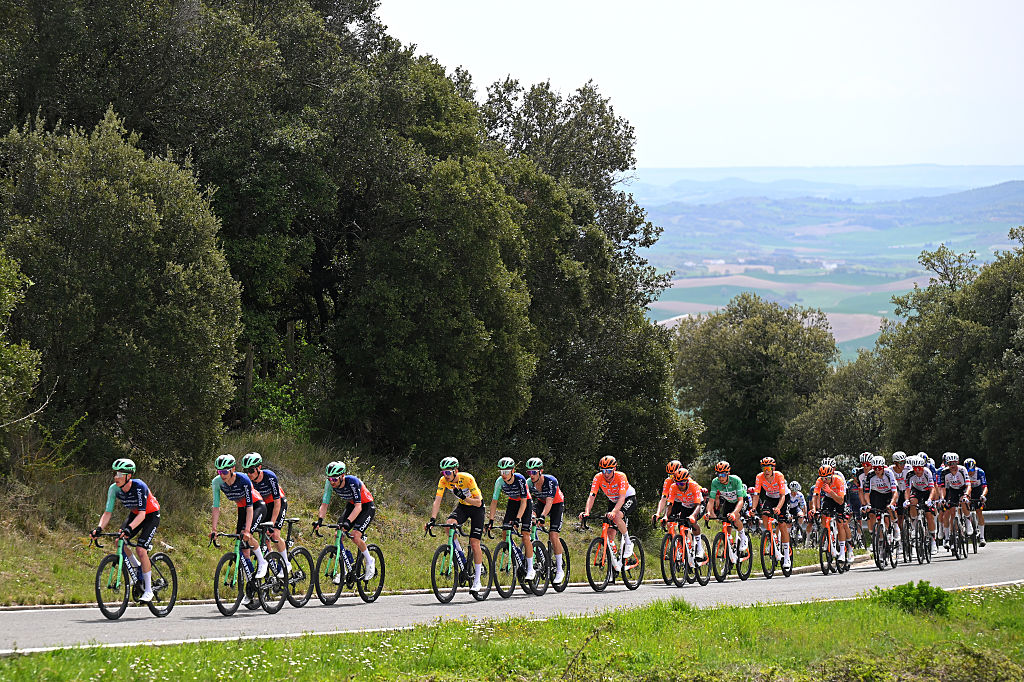 CUEVAS DE MENDUKILO, SPAIN - APRIL 07: Paul Seixas of France and Team Decathlon CMA CGM - Yellow Leader Jersey, Kevin Vauquelin of France and Team INEOS Grenadiers - Green Points Jersey and a general view of the peloton competing during the 65th Itzulia Basque Country 2026, Stage 2 a 164.1km stage from Pamplona-Iruna to Cuevas de Mendukilo 757m / #UCIWT / on April 07, 2026 in Cuevas de Mendukilo, Spain. (Photo by Tim de Waele/Getty Images)
