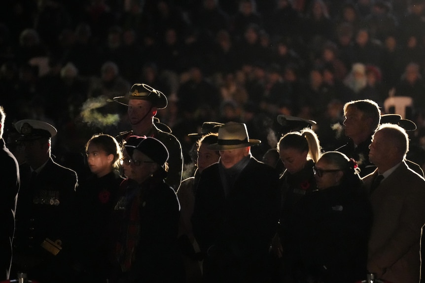 A crowd watches in the dark at the dawn service in Canberra.
