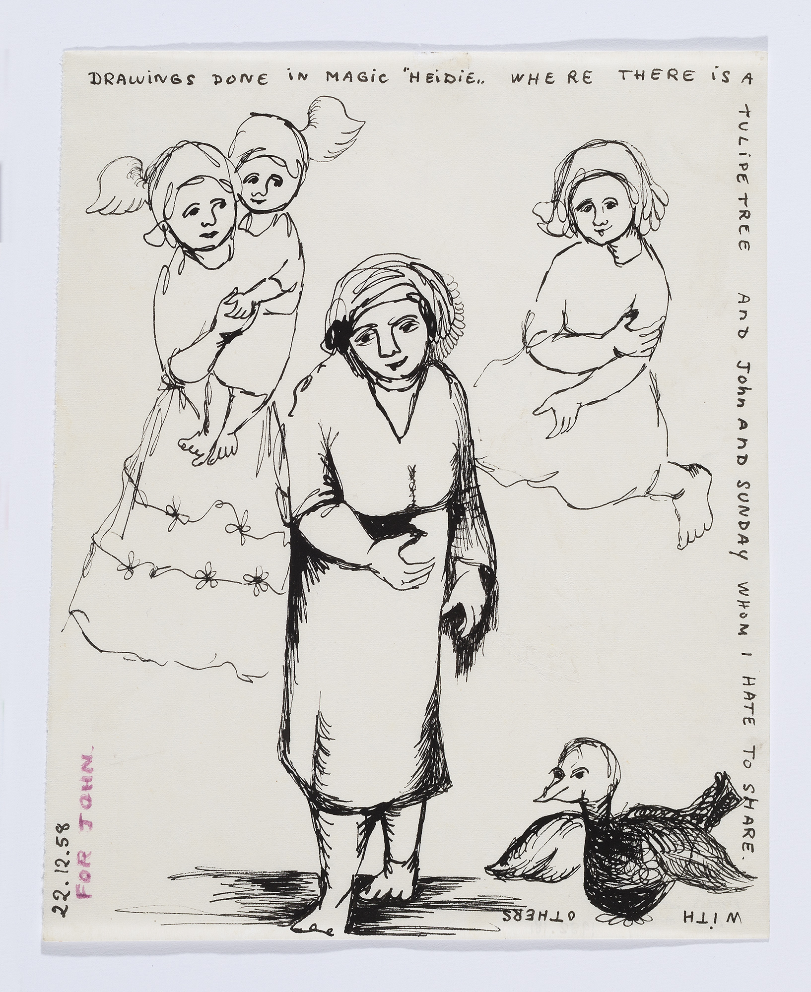 A series of ink sketches of female figures, one holding a child, and a bird in the bottom-right corner.