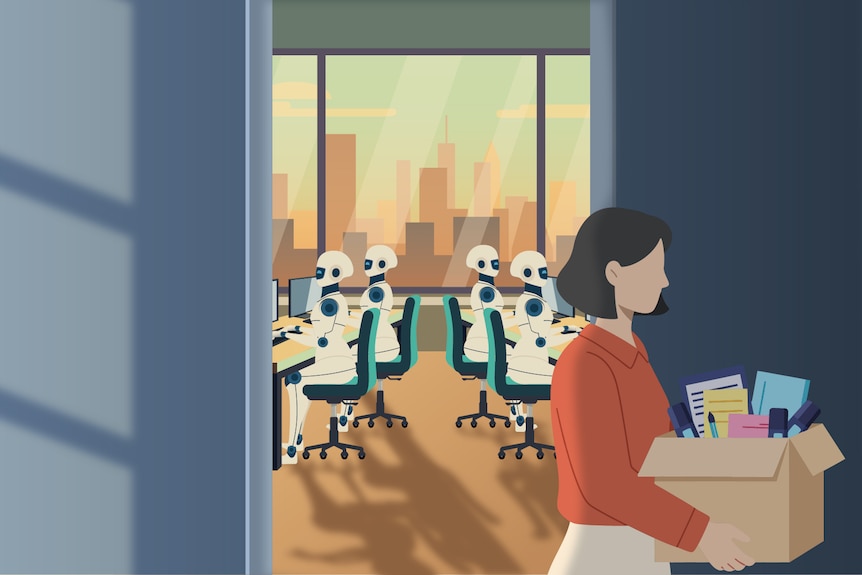 A graphic of robots using computers while a woman walks out with a box.