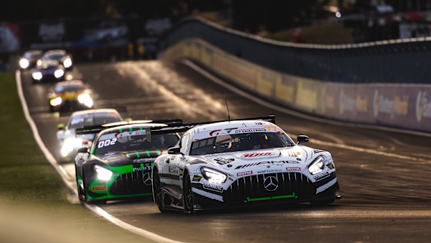#77 Maximilian Götz, Ralf Aron, and Lucas Auer drivers of Mercedes-AMG Team Craft Bamboo Racing Mercedes-AMG GT3 EVO during the Bathurst 12 Hour at Mount Panorama on February 15, 2026 in Bathurst, Australia. (Photo by Daniel Kalisz/Getty Images)