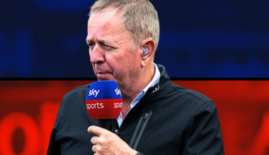 Brundle in white shirt holding red and blue Sky Sports microphone with red and blue contrasting background