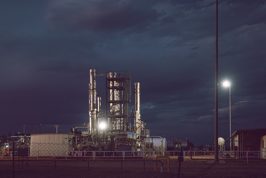 long shot of oil refinery taken at night