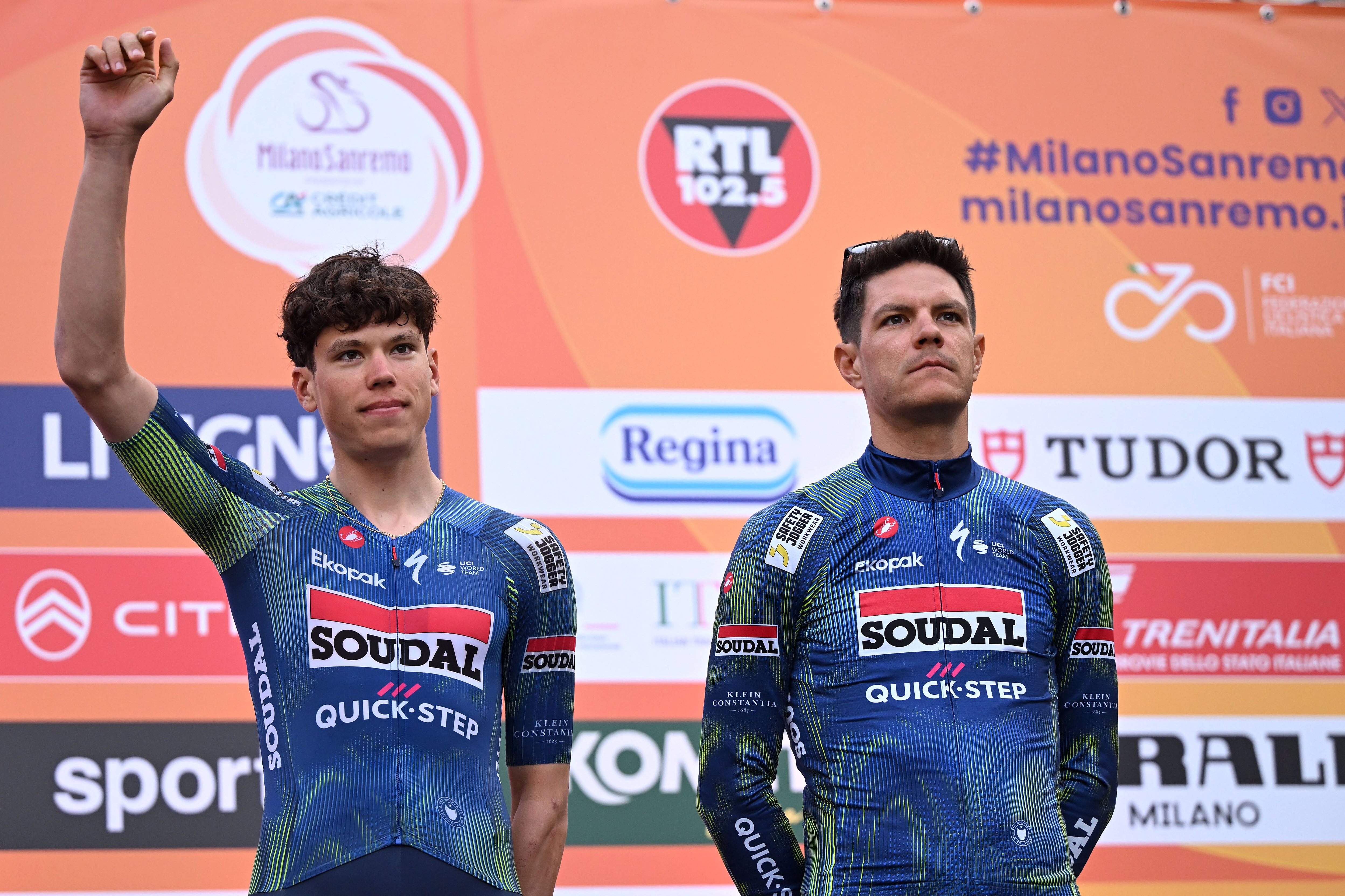 PAVIA, ITALY - MARCH 20: (L-R) Paul Magnier of France and Jasper Stuyven of Belgium and Team Soudal Quick-Step during the team presentation prior to the 117th Milano-Sanremo 2026 / #UCIWT / on March 20, 2026 in Pavia, Italy. (Photo by Dario Belingheri/Getty Images)