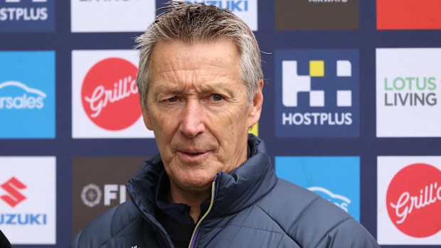 MELBOURNE, AUSTRALIA - SEPTEMBER 25: Craig Bellamy head coach of the Storm speaks to the media during a Melbourne Storm NRL captain's run at AAMI Park on September 25, 2025 in Melbourne, Australia. (Photo by Robert Cianflone/Getty Images)