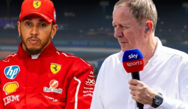 An edited image of Lewis Hamilton furious and Martin Brundle concerned with a Sky microphone