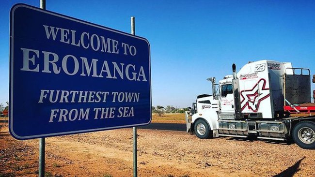 A welcome sign greets travellers arriving in Eromanga, a tiny outback town in southwest Queensland.