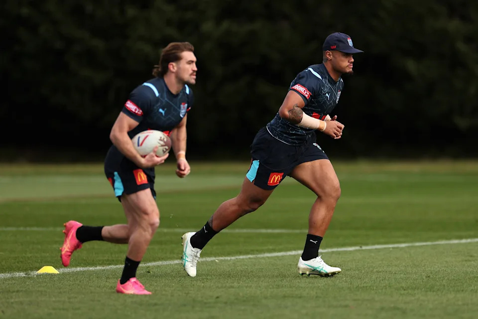 Connor Watson and Spencer Leniu in State of Origin camp in 2025.