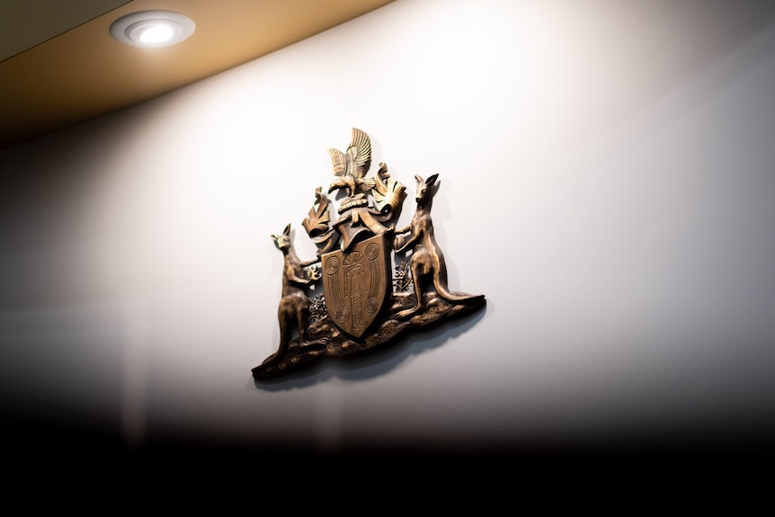 The gold / bronze emblem of the NT supreme court on a white wall, with a black vignette around the edges of the picture.