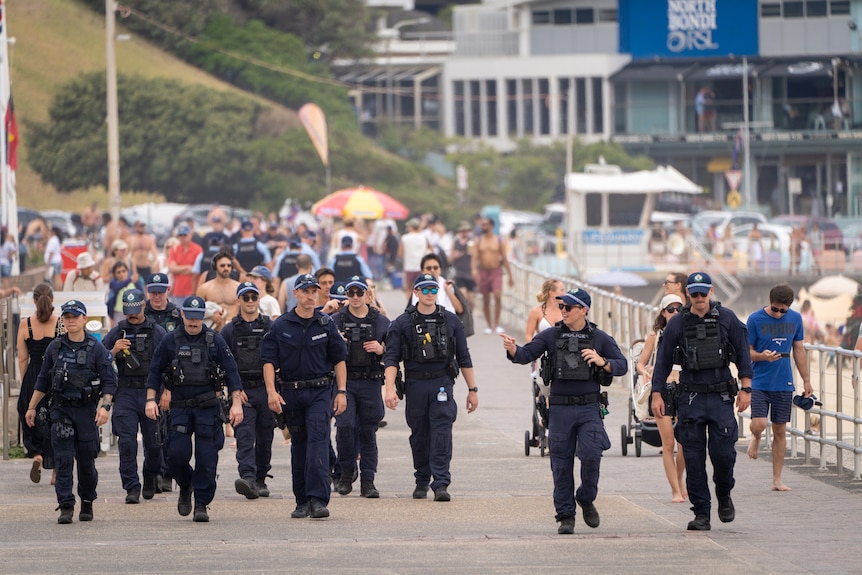 Police officers at Bondi Beach seven days after terrorist attack