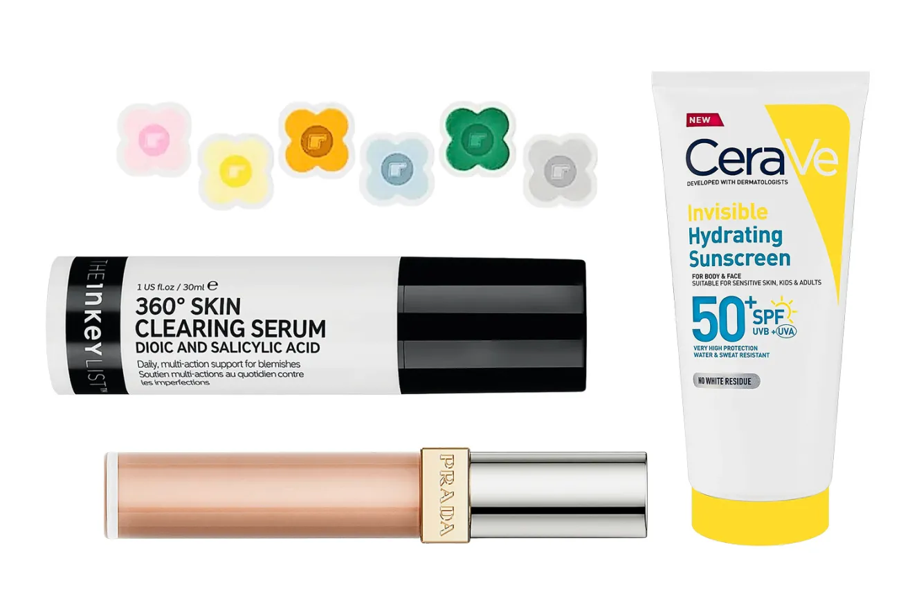 A flat lay photo of skincare products including The Inkey List 360° Skin Clearing Serum, Prada lip gloss, CeraVe Invisible Hydrating Sunscreen SPF 50+, and acne patches.