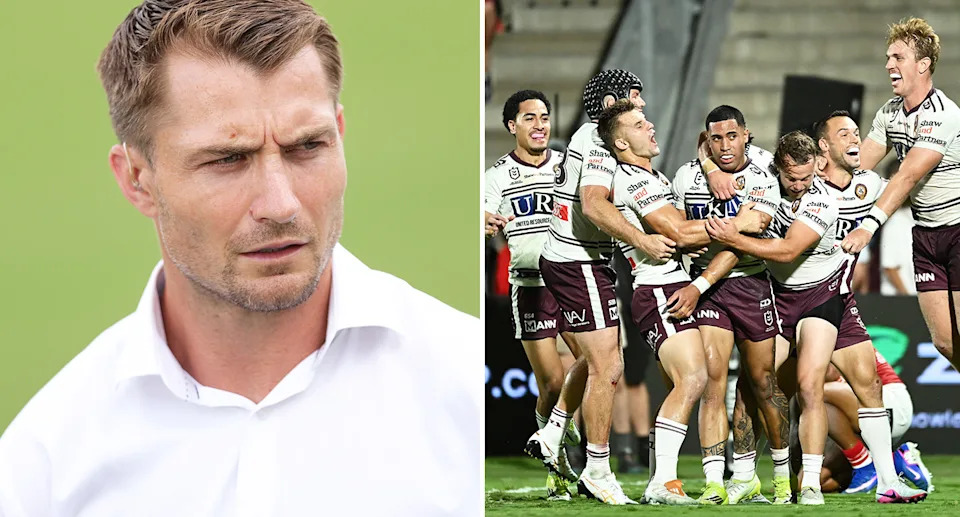 Interim coach Kieran Foran (L) helped mastermind a huge win for Manly (R) in his first NRL game in charge but the club legend is in a battle to land the top job long-term. Pic: Getty