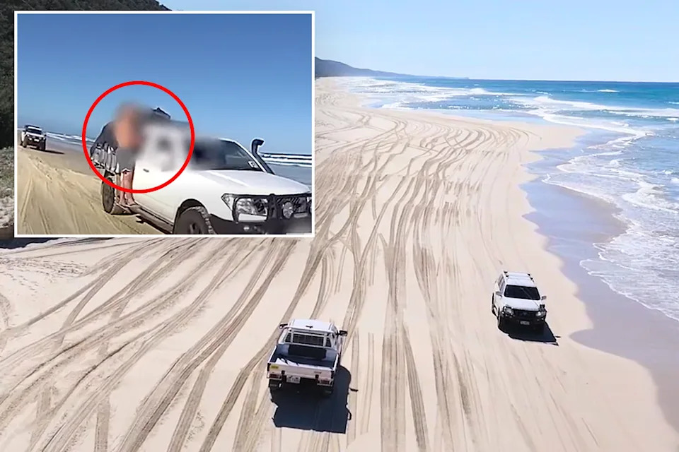 Main: Two utes drive along Teehwah Beach. Inset: Man dangles from ute on beach.