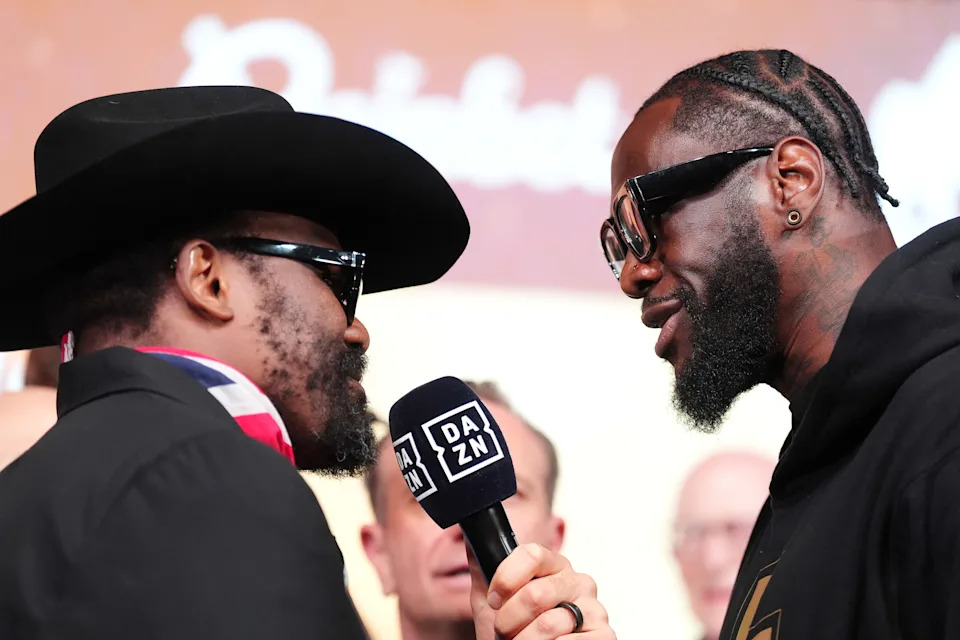 Derek Chisora and Deontay Wilder (right) face off during a press conference at York Hall, London. Picture date: Thursday April 2, 2026. (Photo by Adam Davy/PA Images via Getty Images)