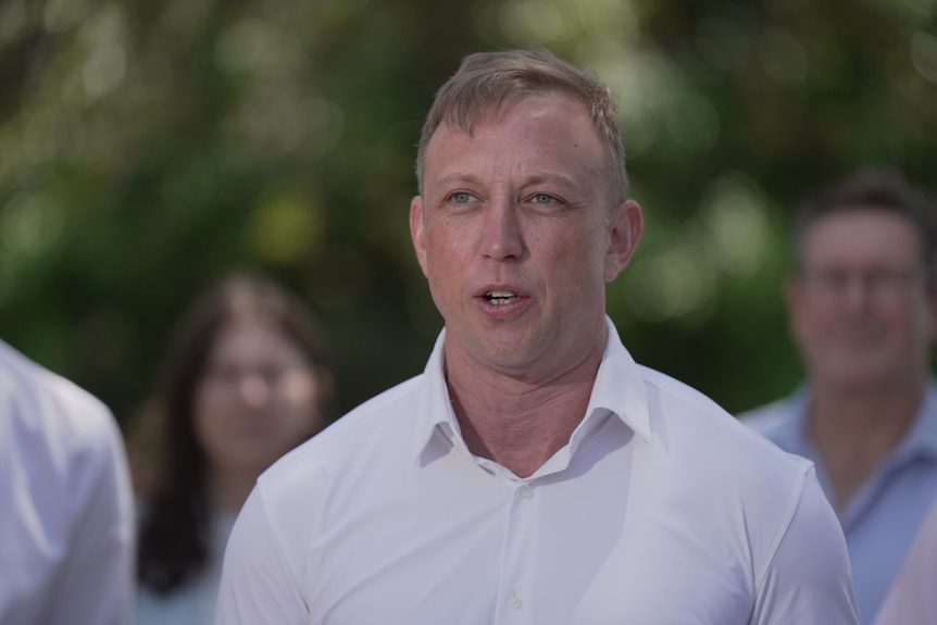 Steven Miles speaking at a press conference.