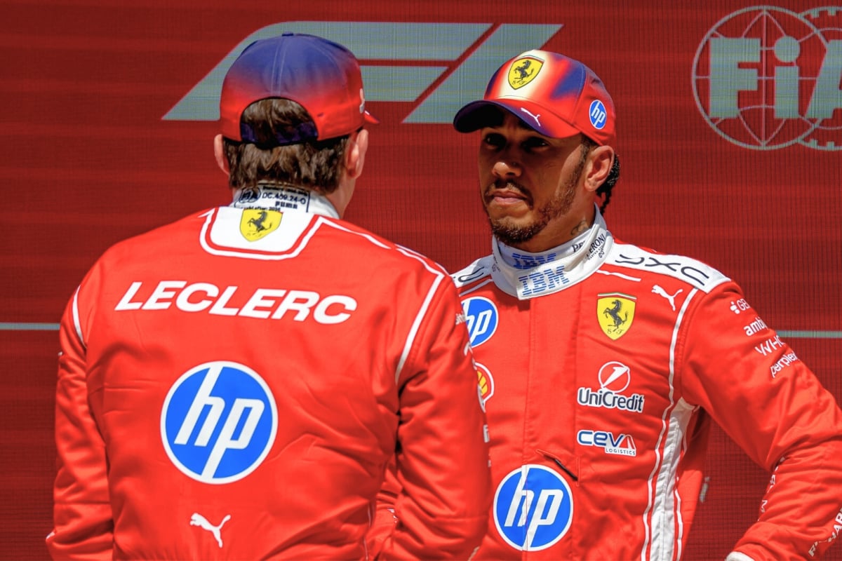 Hamilton facing Leclerc, who has his back to camera, in front of red and white FIA and F1 logo wall