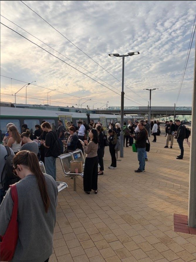 Passengers at Stirling Station this morning.