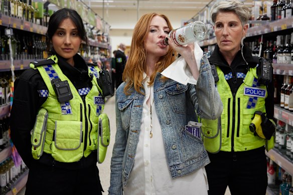 Taj Atwal (left) as Nisha, Rosalie Craig as Kitty and Tamsin Greig as Holly in Riot Women. 