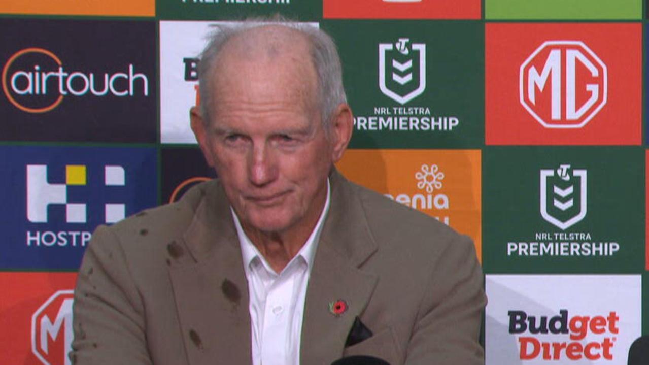 Wayne Bennett’s awkward press conference, running battle with Lara Pitt, what did he say, Rabbitohs defeat Storm, news