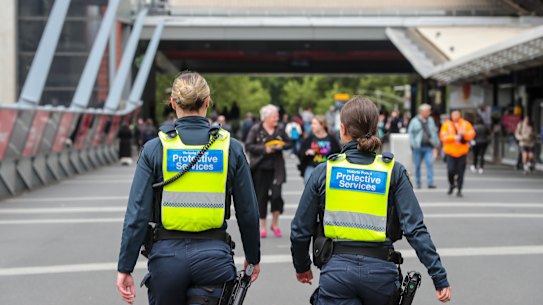 Protective Services Officers on patrol near Southern Cross Station on Monday.