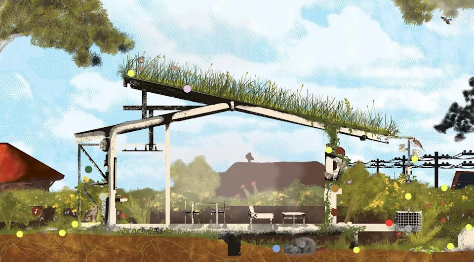 An illustration of a model backyard for wildlife.