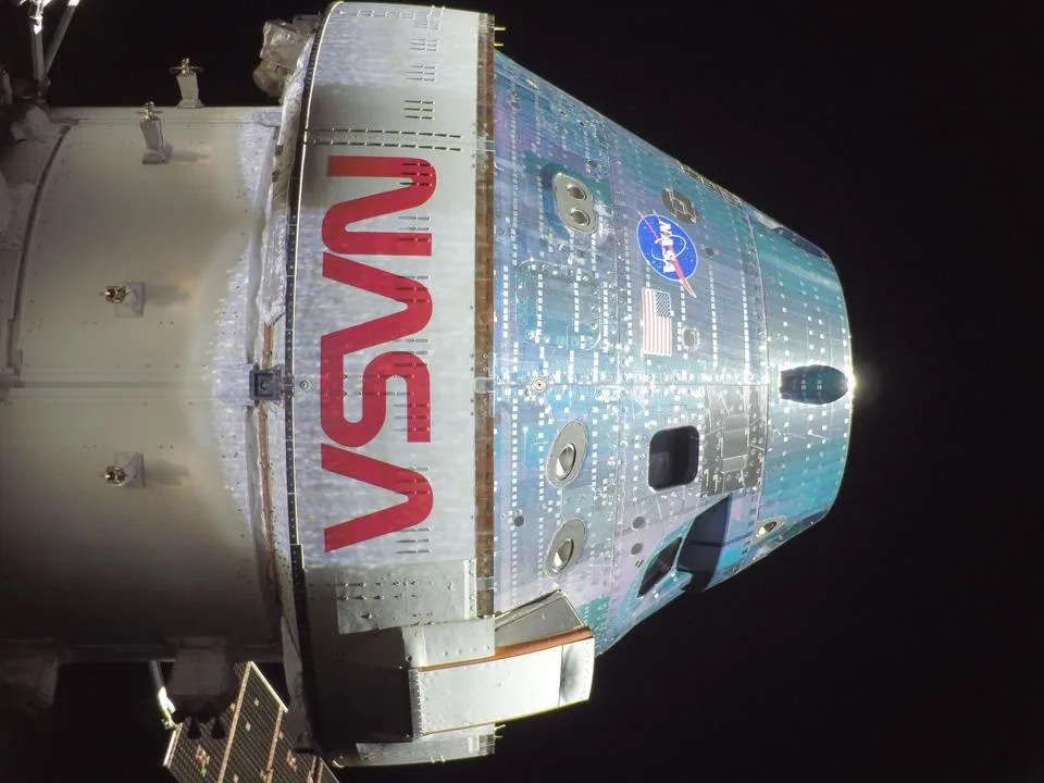 Orion snapped this high-resolution selfie in space with a camera mounted on one of its solar array wings during a routine external inspection of the spacecraft on the second day into the Artemis II mission.  