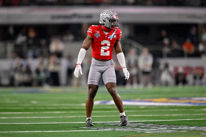 Dec 31, 2025; Arlington, TX, USA; Ohio State Buckeyes safety Caleb Downs (2) gets into position during the 2025 Cotton Bowl and quarterfinal game of the College Football Playoff at AT&T Stadium. Mandatory Credit: Jerome Miron-Imagn Images