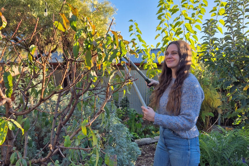 Koren Helbig is wearing blue jeans and a light blue jumper in her garden, cutting a tree with garden shears.