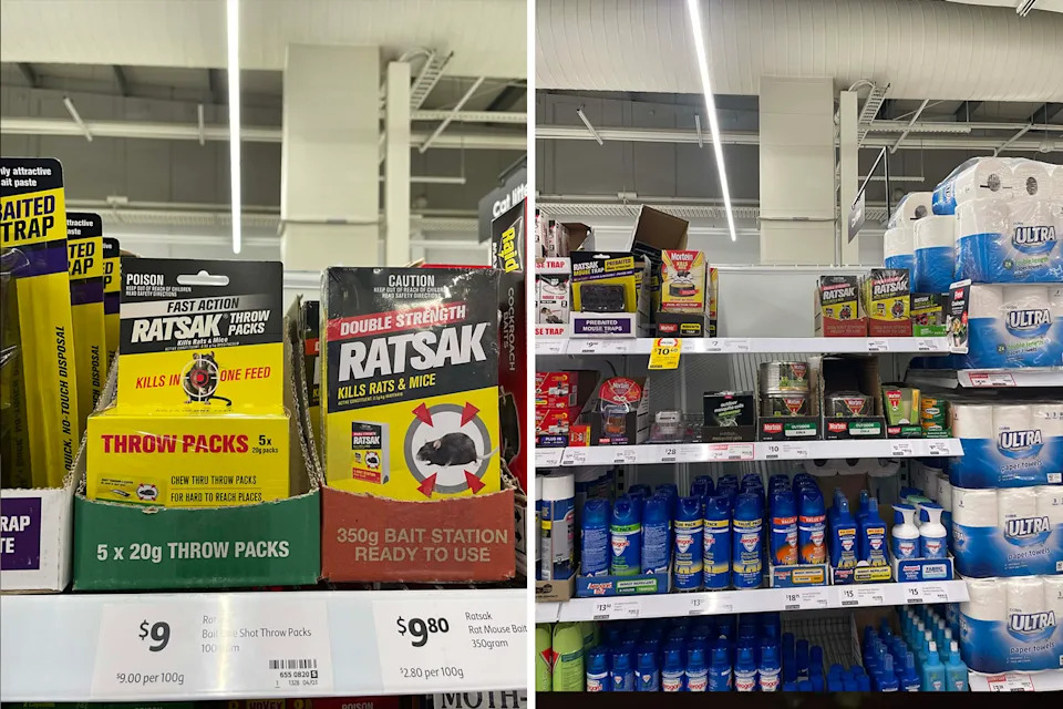 Left: Ratsak Fast Action throw packs on a Coles shelf. Right: A later photo showing the product removed from the shelf.