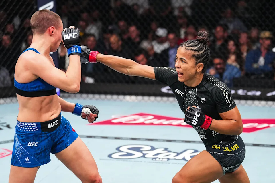 LAS VEGAS, NEVADA - JANUARY 24: (R-L) Natalia Silva of Brazil strikes Rose Namajunas in a flyweight bout during the UFC 324 event at T-Mobile Arena on January 24, 2026 in Las Vegas, Nevada. (Photo by Chris Unger/Zuffa LLC)