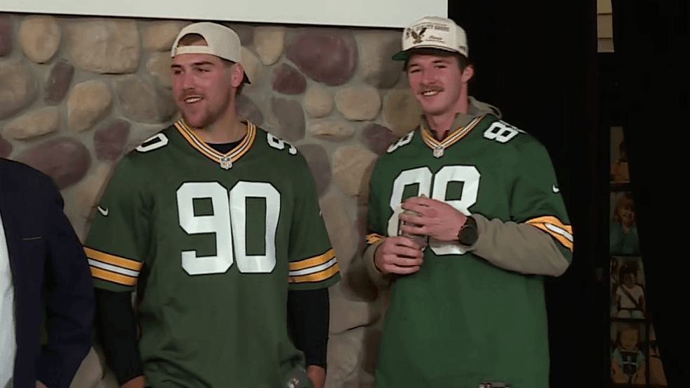 Defensive end Lukas Van Ness and tight end Luke Musgrave{ }attend a news conference in Madison where{ }UW Health is announced as the Green Bay Packers' official health care partner, April 16, 2026. (Photo courtesy: WMTV-TV)
