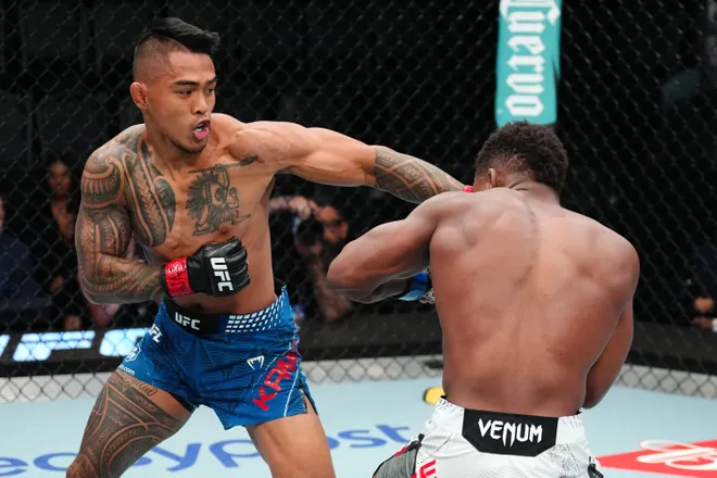 LAS VEGAS, NEVADA - APRIL 04: (L-R) Kai Kamaka III punches Dakota Hope in a lightweight fight during the UFC Fight Night event at Meta APEX on April 04, 2026 in Las Vegas, Nevada. (Photo by Jeff Bottari/Zuffa LLC)