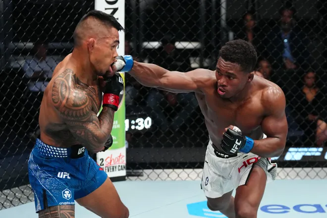 LAS VEGAS, NEVADA - APRIL 04: (R-L) Dakota Hope punches Kai Kamaka III in a lightweight fight during the UFC Fight Night event at Meta APEX on April 04, 2026 in Las Vegas, Nevada. (Photo by Jeff Bottari/Zuffa LLC)