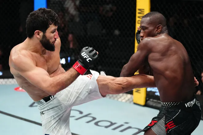 LAS VEGAS, NEVADA - APRIL 04: (L-R) Azamat Bekoev of Russia kicks Tresean Gore in a middleweight fight during the UFC Fight Night event at Meta APEX on April 04, 2026 in Las Vegas, Nevada. (Photo by Jeff Bottari/Zuffa LLC)