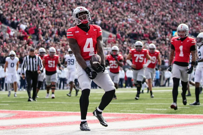 Ohio State receiver Jeremiah Smith celebrates a touchdown against Penn State on Nov. 1.