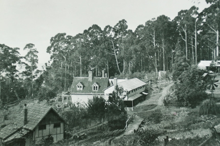 A black and white photo of a three buildings among bushland. 
