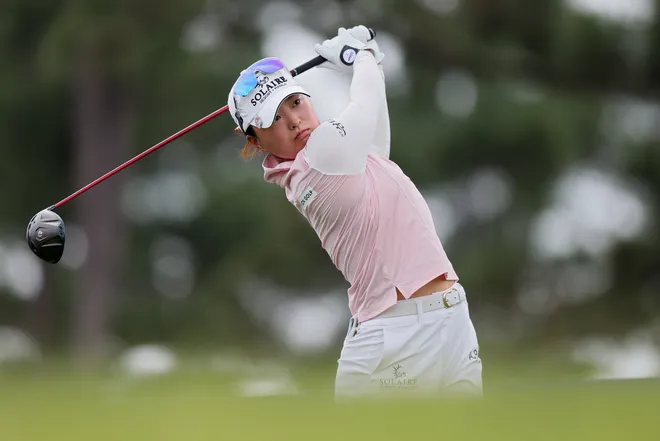 Jin Young Ko of South Korea plays her shot from the 12th tee during the second round of The Chevron Championship 2026 at Memorial Park Golf Course on April 24, 2026 in Houston, Texas.