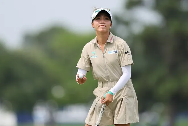 Lydia Ko of New Zealand acknowledges the crowd after a putt on the 17th green during the second round of The Chevron Championship 2026 at Memorial Park Golf Course on April 24, 2026 in Houston, Texas.