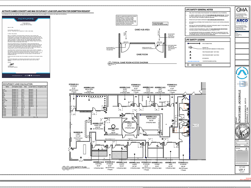 A plan for Activate Games - Jacksonville shows a dozen game rooms along with the lobby, storage and other spaces at 10275 Buckhead Branch Drive, Suite 101, in St. Johns Town Center.