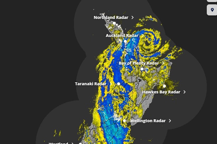 A graphic image of the rain radar from New Zealands MetService with swirls showing the cyclone.