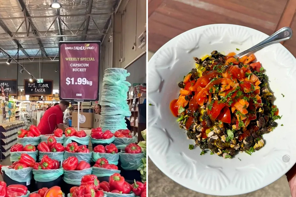 Left: Capsicums inside Nowra Farmers market. Right: Cheap veggie salad using capsicum