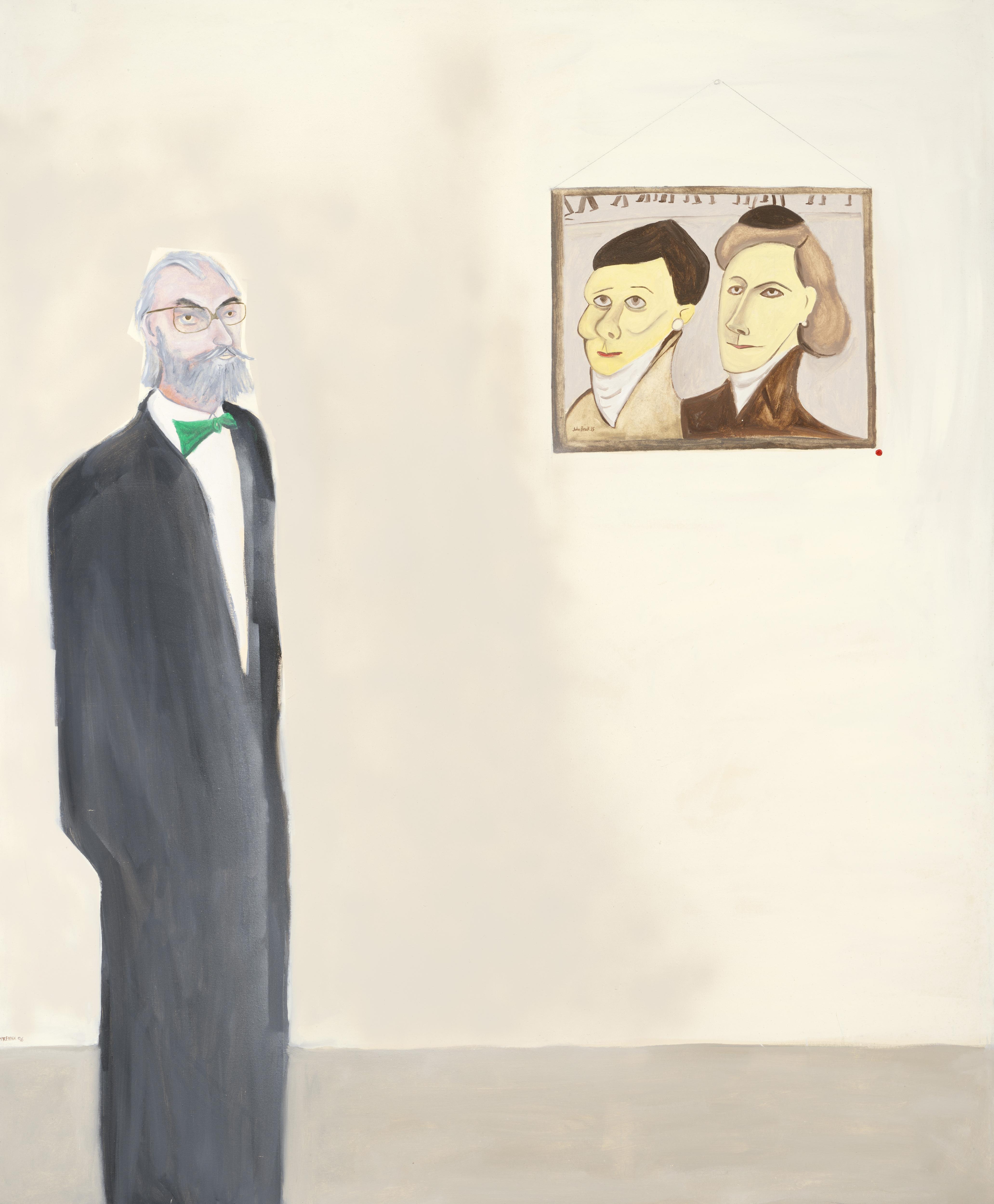 A painting of a man standing next to a wall with a painting hung of two women, seen from the shoulders up.
