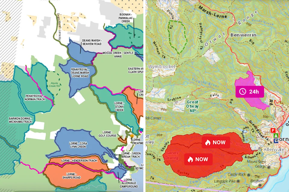 Two screenshots of the FFM-Vic app, showing where planned burns are set to occur.