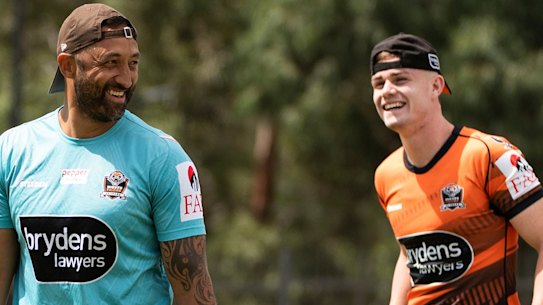 Tigers youngster Lachlan Galvin with Benji Marshall.