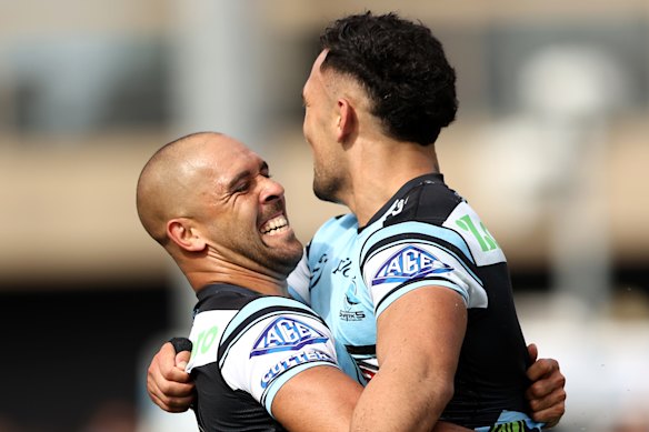 Will Kennedy celebrates a Sharks try on Easter Sunday.
