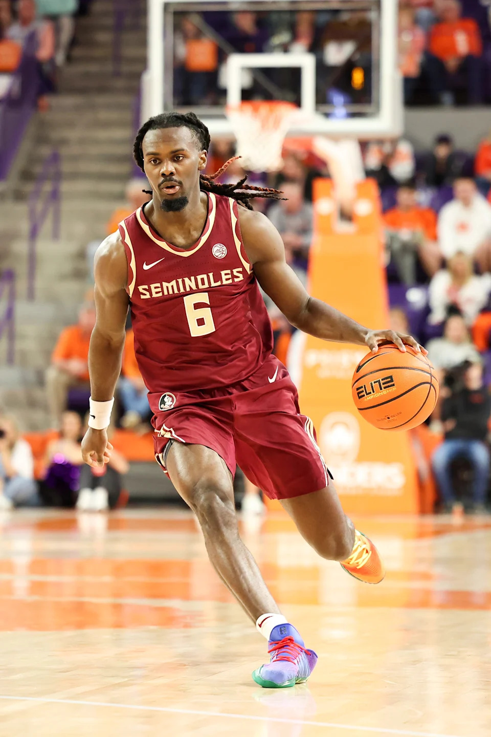 CLEMSON, SOUTH CAROLINA - FEBRUARY 21: Robert McCray V #6 of the Florida State Seminoles dribbles the ball down the court against the Clemson Tigers during the second period at Littlejohn Coliseum on February 21, 2026 in Clemson, South Carolina. (Photo by Katie DeVaney/Getty Images)