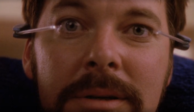 Jonathan Frakes as Commander Riker playing an addictive augmented reality game in Star Trek: The Next Generation episode "The Game."