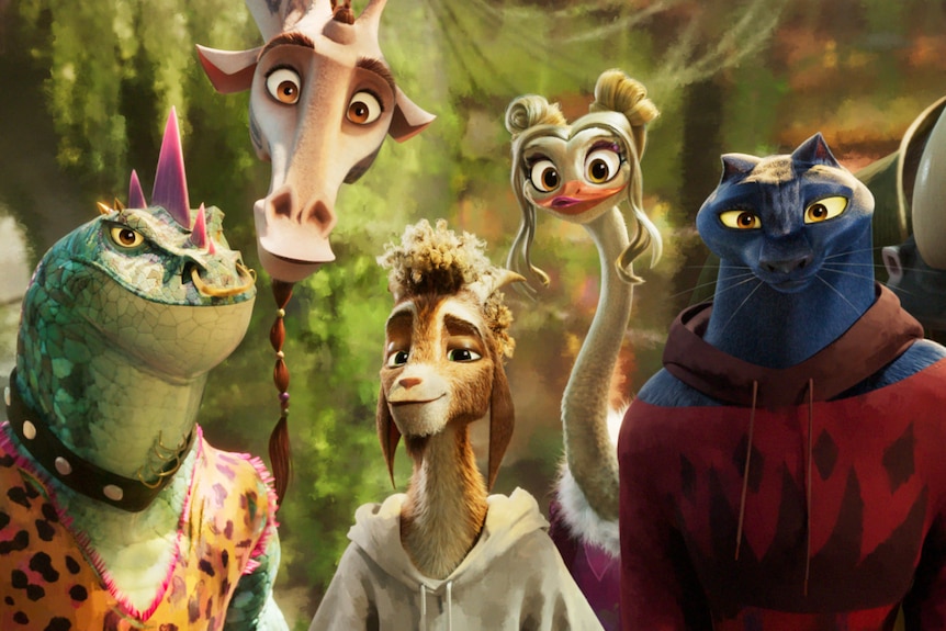 A group of anthropomorphic animals look at the camera